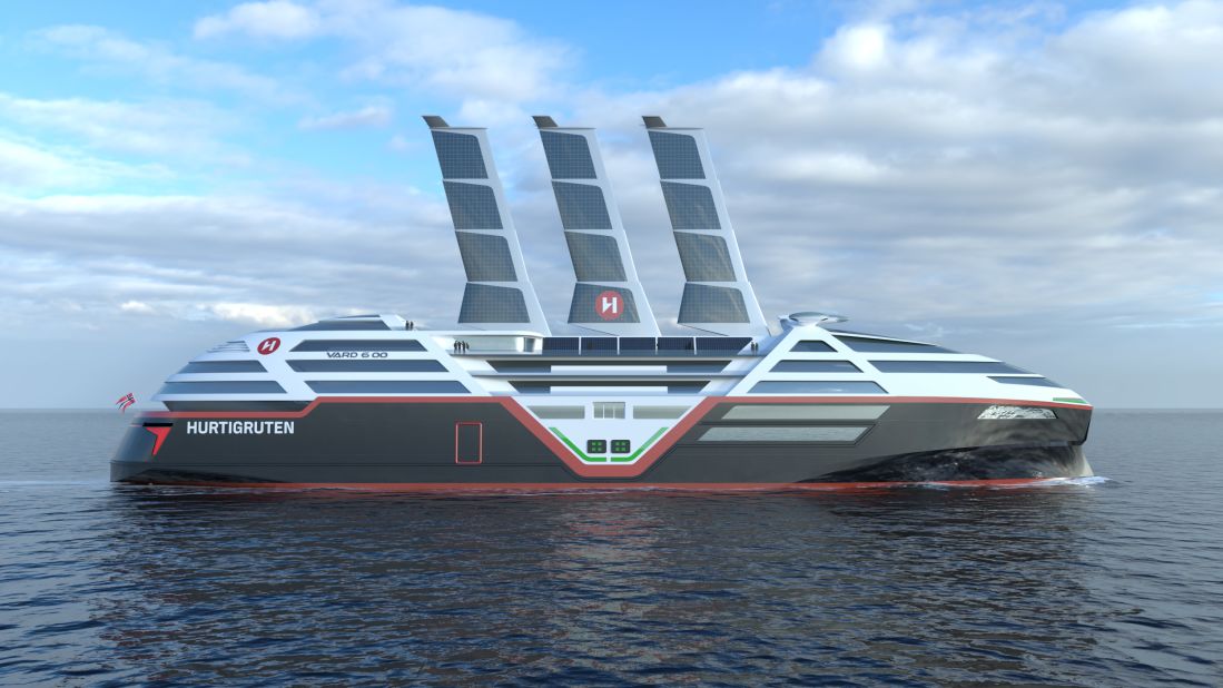 Cruise company Hurtigruten Norway has unveiled a design for a zero-emission ship that relies on wind and solar power. The vessel, shown here in a rendering, will be electric and equipped with batteries that will be charged with renewable energy when in port. They will also be powered by retractable sails covered in solar panels. <strong>Scroll through the gallery for more images.</strong>