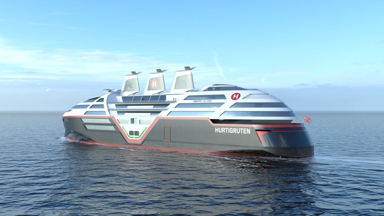 The zero-emissions ship's sails will retract so that the ship can pass under bridges, as shown here in a rendering.