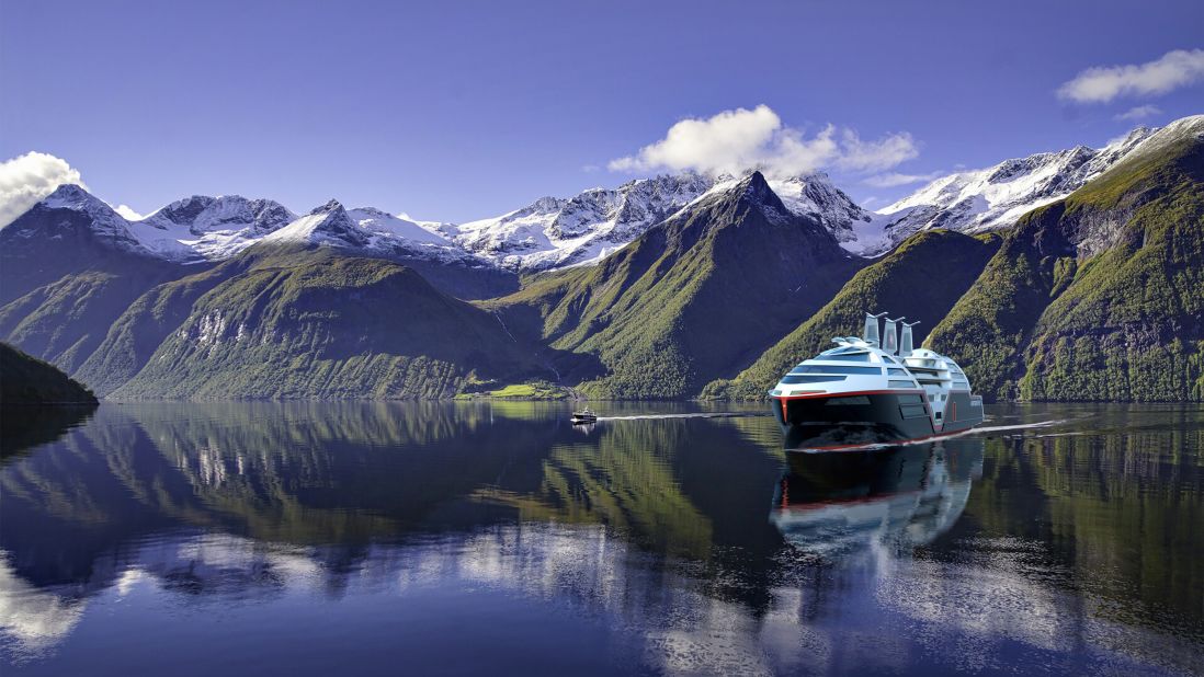 The company, which offers trips along the Norwegian coast from Oslo to the Arctic circle, has made other efforts to reduce its emissions. In 2019, it launched the world's first hybrid, battery-supported cruise ship and is currently in the process of converting the rest of its expedition fleet to hybrid battery power. Pictured is a rendering of the new design.