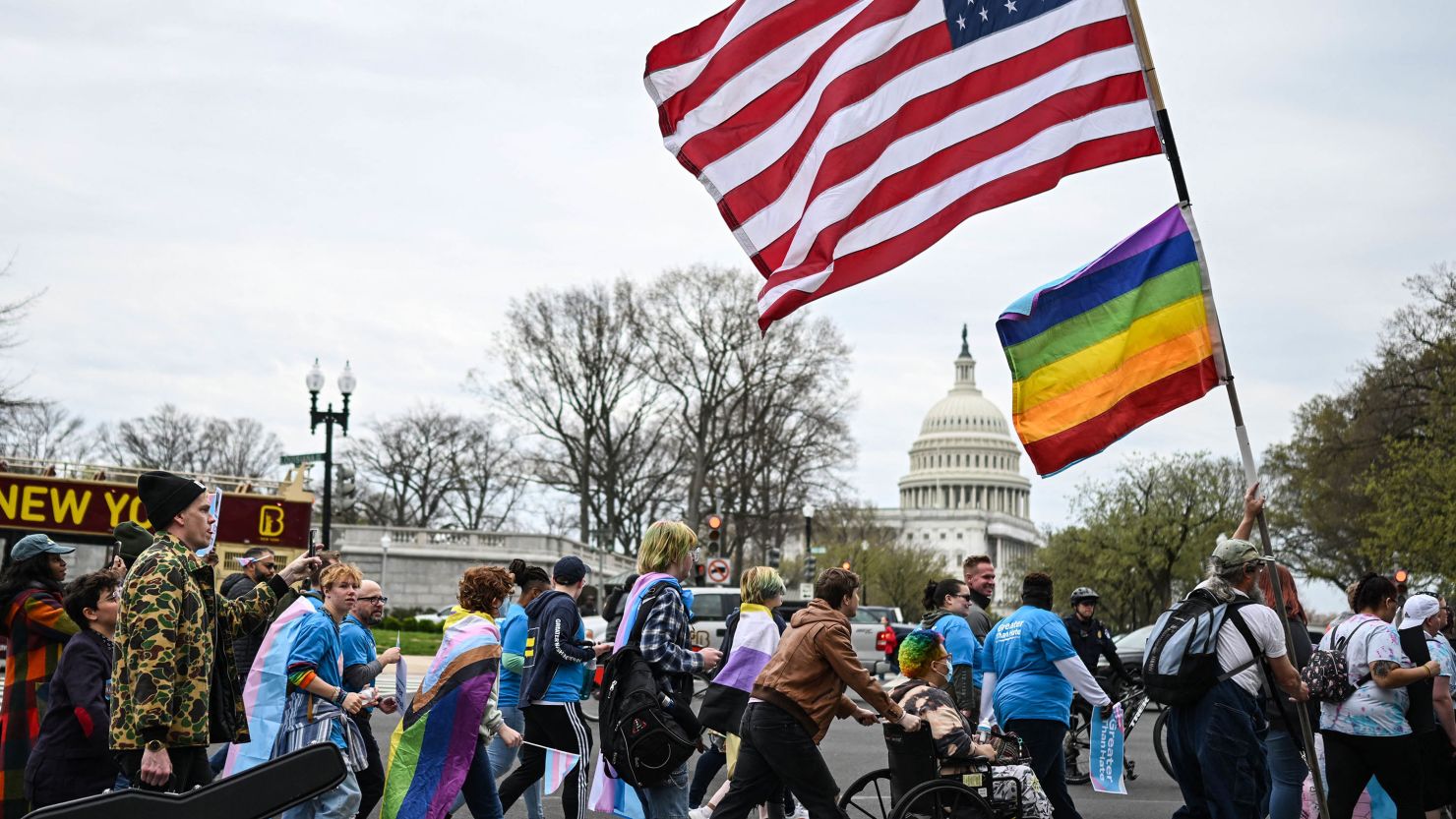 Supporters of LGBTQA+ rights march from Union Station towards Capitol Hill in Washington, DC on March 31, 2023. (Photo by ANDREW CABALLERO-REYNOLDS / AFP) (Photo by ANDREW CABALLERO-REYNOLDS/AFP via Getty Images)