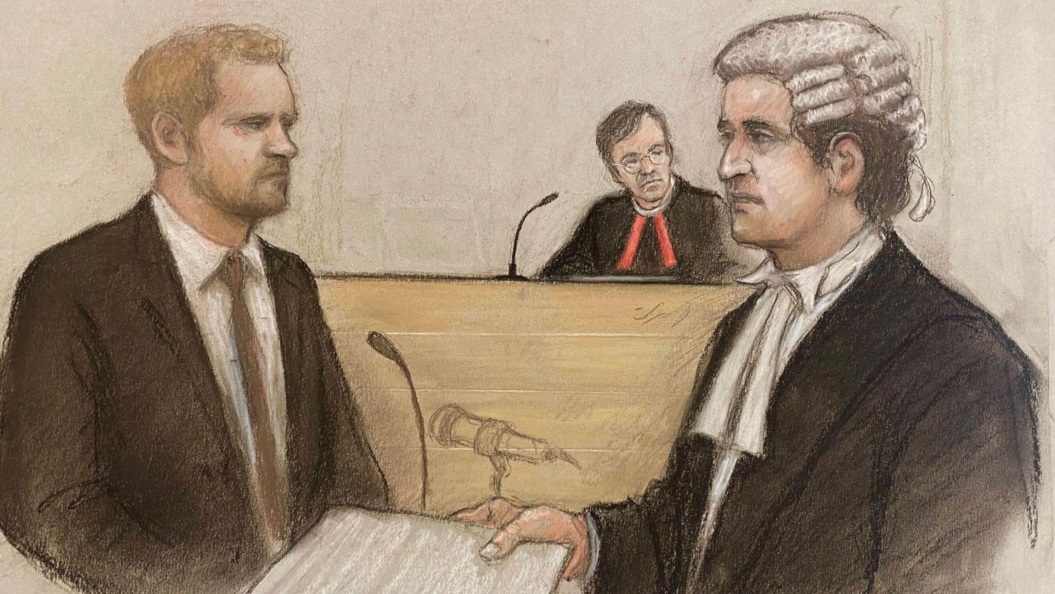 Prince Harry is shown giving evidence in a courtroom sketch on Tuesday.