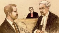 Court artist sketch by Elizabeth Cook of the Duke of Sussex being cross examined by Andrew Green KC, as he gives evidence at the Rolls Buildings in central London during the phone hacking trial against Mirror Group Newspapers (MGN). A number of high-profile figures have brought claims against MGN over alleged unlawful information gathering at its titles. Picture date: Tuesday June 6, 2023. 72510269 (Press Association via AP Images)
