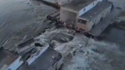 Drone video emerged late Monday showing a deluge of water gushing from a sizable breach in the Nova Kakhovka dam in southern Ukraine.