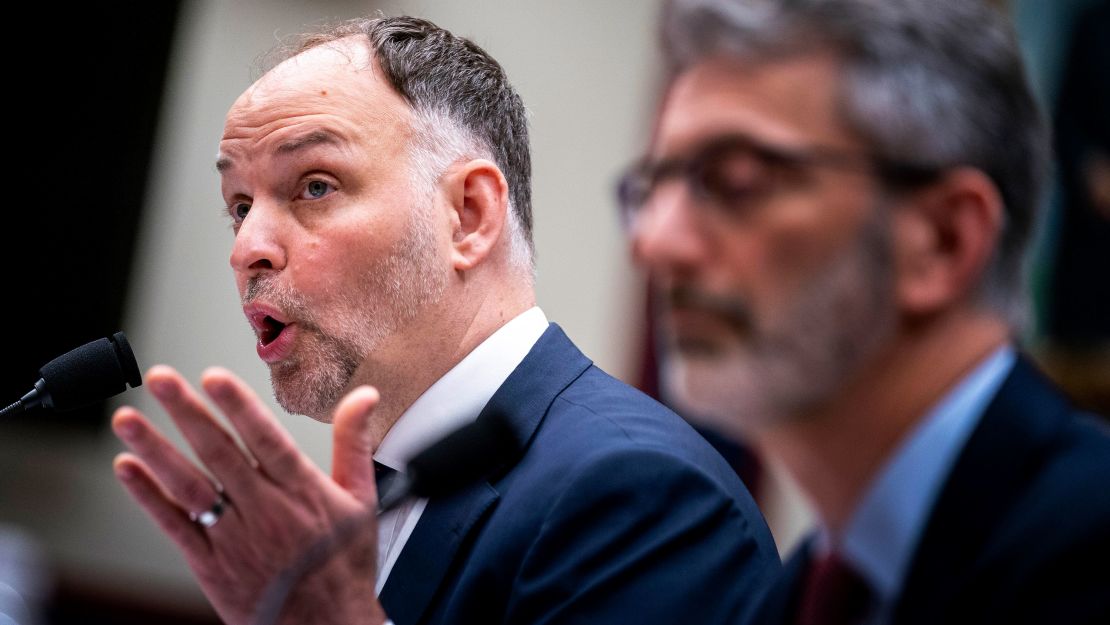 Amtrak CEO Stephen Gardner, left, accompanied by Northeast Corridor Commission Executive Director Mitch Warren, right, speaks during a House Transportation subcommittee hearing on Capitol Hill in Washington, Tuesday, June 6, 2023. (AP Photo/Andrew Harnik)