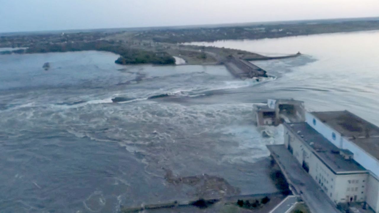 A general view of the Nova Kakhovka dam that was breached in Kherson region, Ukraine June 6, 2023 in this screen grab taken from a video obtained by Reuters/via REUTERS    THIS IMAGE HAS BEEN SUPPLIED BY A THIRD PARTY. NO RESALES. NO ARCHIVES.     TPX IMAGES OF THE DAY