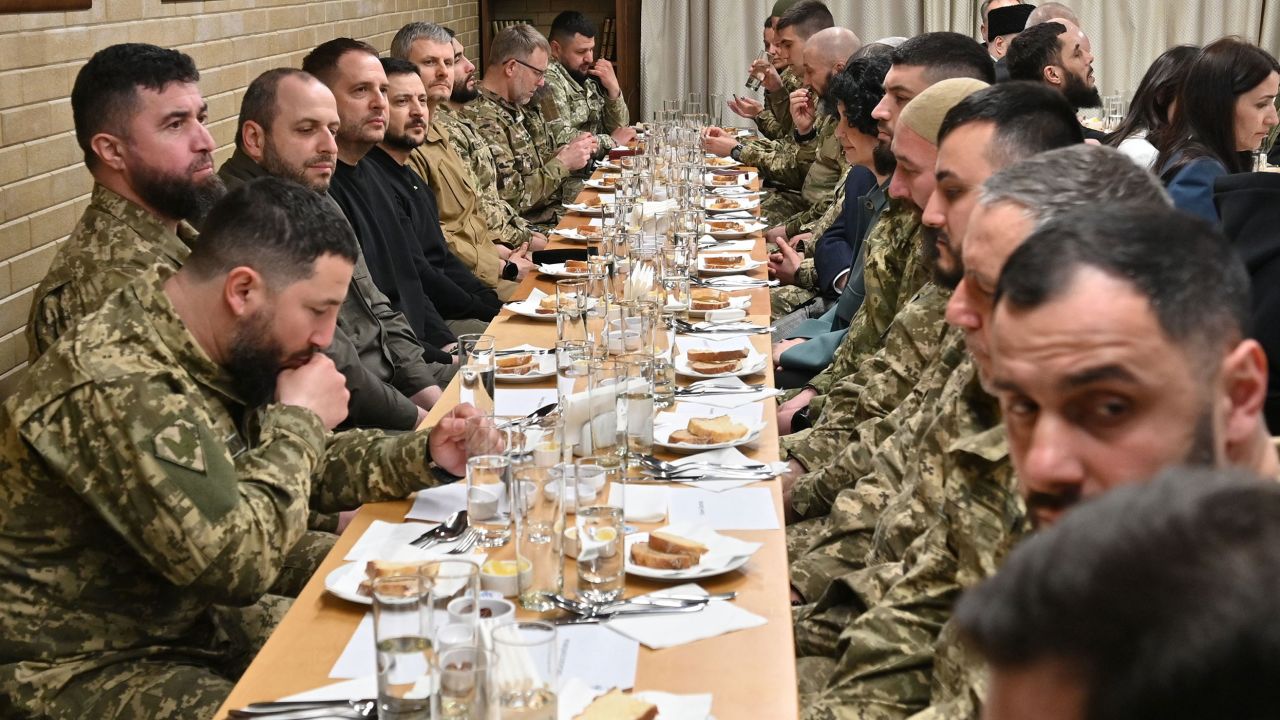 Ukraine's President Volodymyr Zelensky joins soldiers for an Iftar on April 7, 2023. 