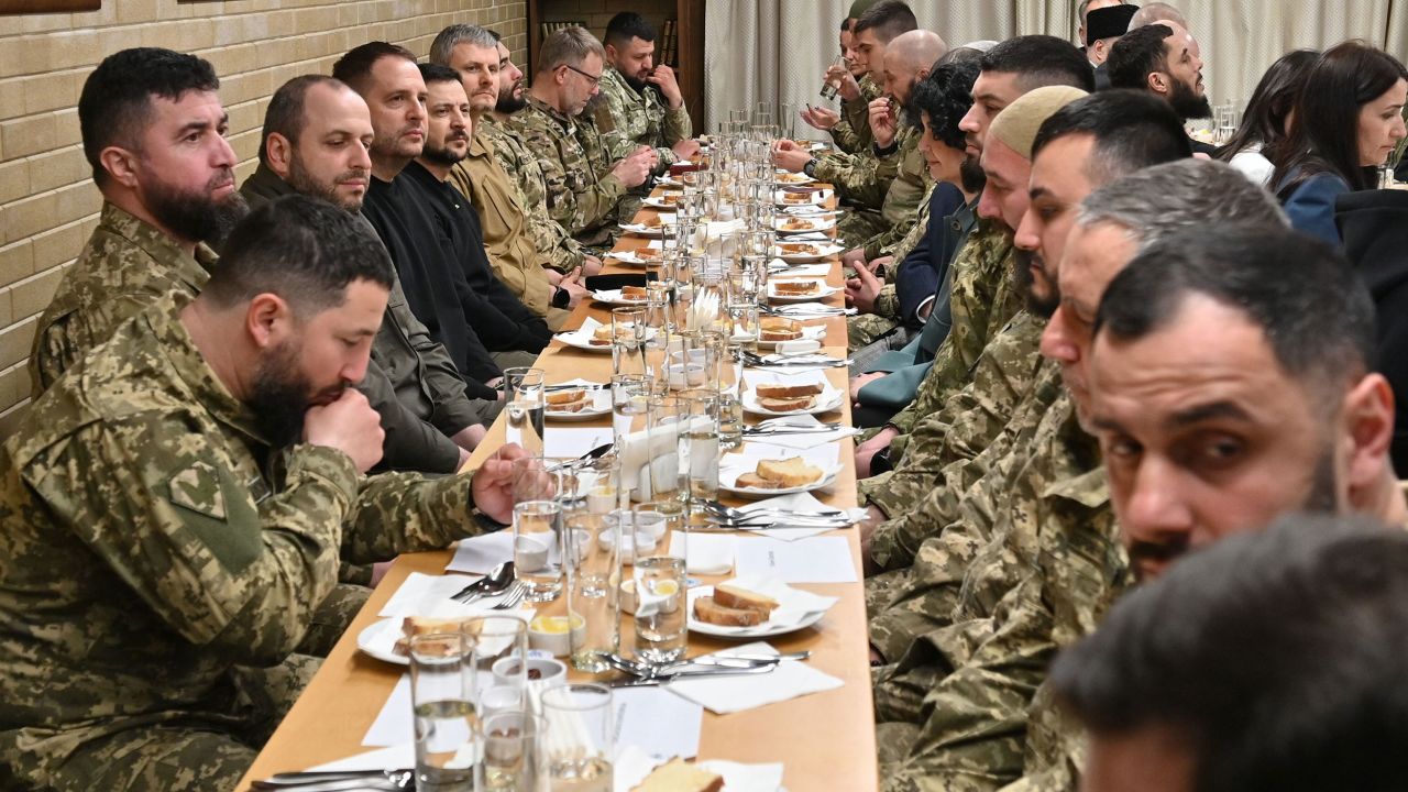 Ukraine's President Volodymyr Zelensky joins soldiers for an Iftar on April 7, 2023.