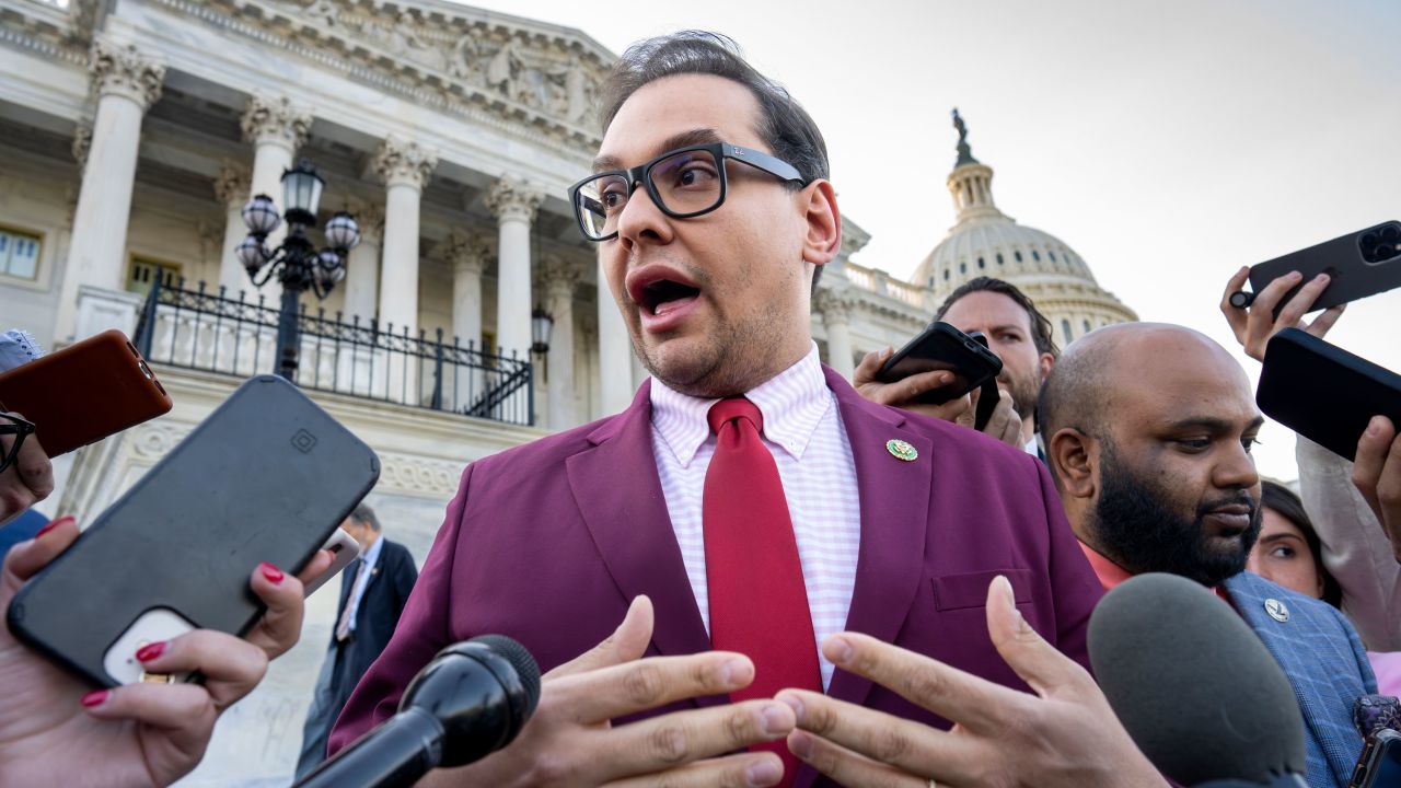 Rep. George Santos speaks to reporters outside the Capitol in Washington on May 17, 2023.