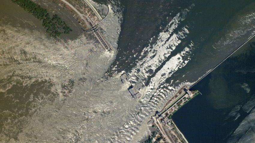 A satellite image shows damaged Nova Kakhovka Dam, amid Russia's attack on Ukraine, in Kherson region, Ukraine, June 6, 2023. PLANET LABS PBC/Handout via REUTERS  THIS IMAGE HAS BEEN SUPPLIED BY A THIRD PARTY. NO RESALES. NO ARCHIVES. MANDATORY CREDIT