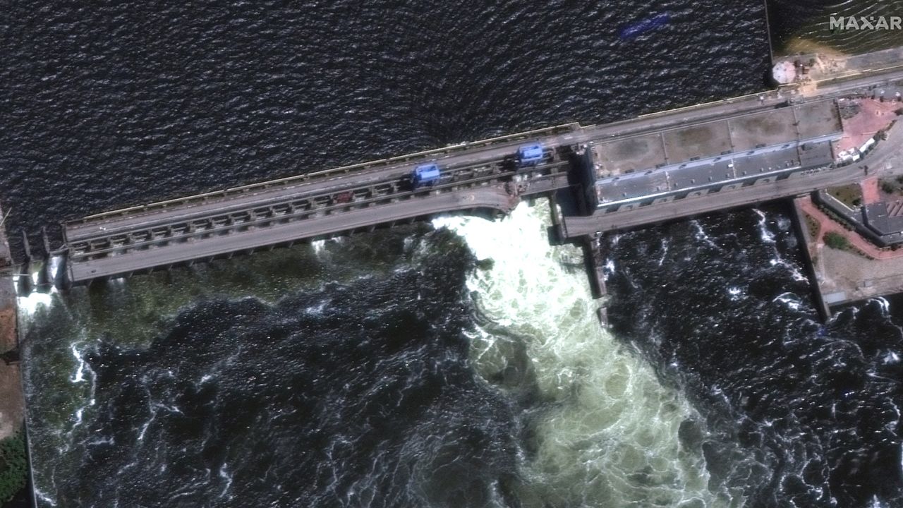 A satellite image shows Nova Kakhovka Dam in Kherson region, Ukraine June 5, 2023.