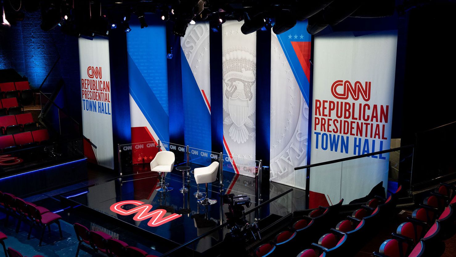 The stage ahead of CNN's Republican Presidential Town Hall with former Vice President Mike Pence that will take place on June 7 at Grand View University in Des Moines, Iowa.