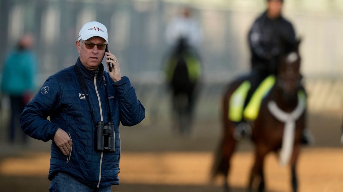 Trainer Todd Pletcher watches a workout at Churchill Downs Tuesday, May 2, 2023, in Louisville, Kentucky.