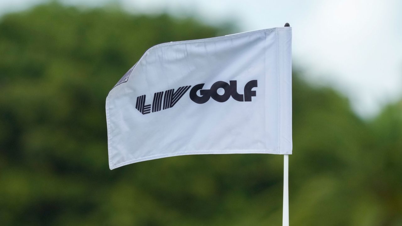 A detailed view of a LIV Golf flag during the semifinals of the LIV Golf Invitational - Miami at Trump National Doral Miami on October 29, 2022 in Doral, Florida. 