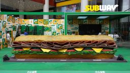 SHANGHAI, CHINA - MAY 30, 2023 - A 5-meter-long burger is seen in Shanghai, China, May 30, 2023. It was a marketing campaign by SUBWAY, a hamburger brand. (Photo credit should read CFOTO/Future Publishing via Getty Images)