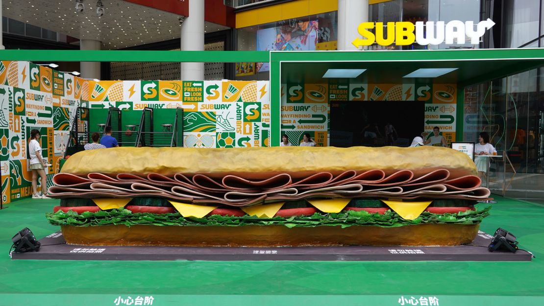 A 5-meter-long Subway sandwich seen in Shanghai on May 30. The company is planning to expand massively across China over the next 20 years.