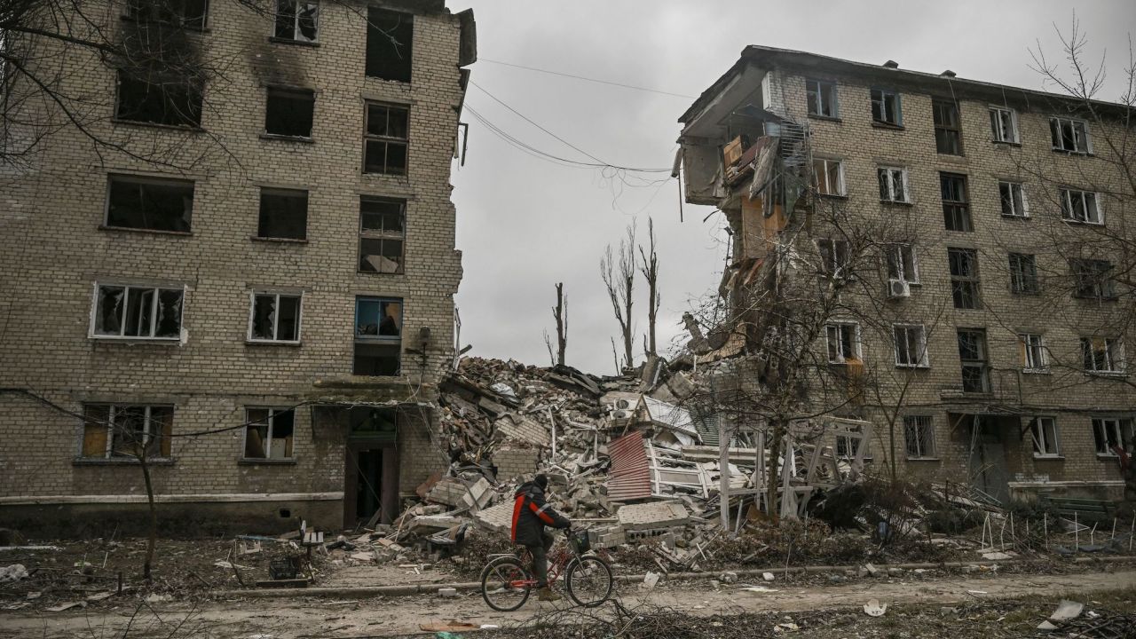 An apartment building destroyed by a Russian strike in the city of Avdiivka, Donetsk region, on March 18, 2023. 