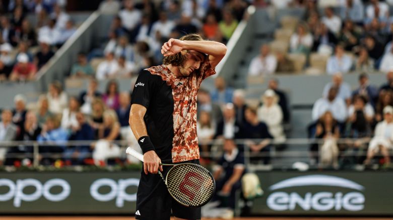 PARIS, FRANCE - JUNE 06: Stefanos Tsitsipas of Greece looks frustrated during his match against Carlos Alcaraz of Spain in the quarter final of the men's singles at Roland Garros on June 06, 2023 in Paris, France. (Photo by Frey/TPN/Getty Images)