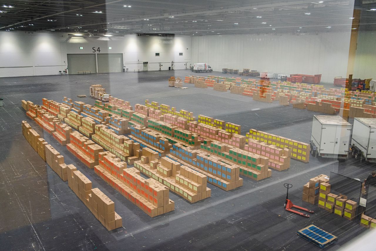 Color-coded wines stacked up in the ExCeL exhibition center in London.