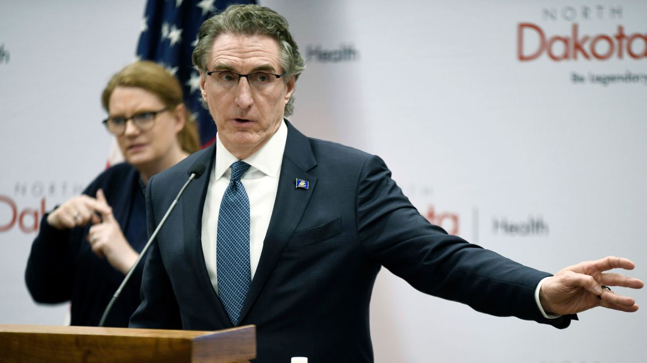 In this March 27, 2020 file photo, North Dakota Gov. Doug Burgum speaks during a news conference at the state Capitol in Bismarck, N.D. 