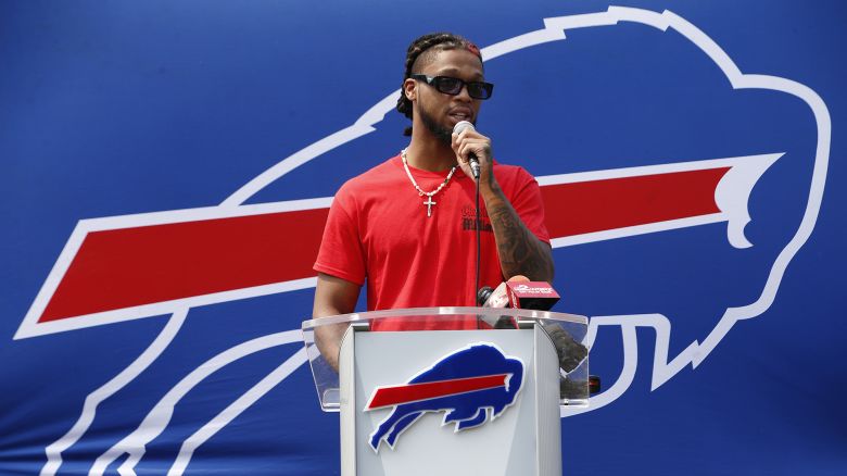 CAPTION CORRECTION: CORRECTS NAME SPELLING: Buffalo Bills defensive back Damar Hamlin announces the first program of his Chasing M's Foundation, the Chasing M's Foundation CPR Tour, Saturday June 3, 2023 in Orchard Park, N.Y. (AP Photo/Jeffrey T. Barnes)