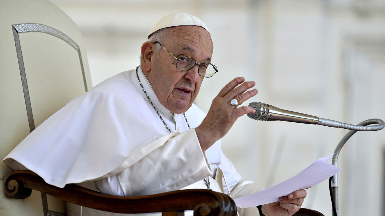 VATICAN CITY, VATICAN - MAY 31:  (EDITOR NOTE: STRICTLY EDITORIAL USE ONLY - NO MERCHANDISING) Pope Francis holds his homily during the Wednesday General Audience at St. Peter's Square on May 31, 2023 in Vatican City, Vatican. (Photo by Vatican Media via Vatican Pool/Getty Images)