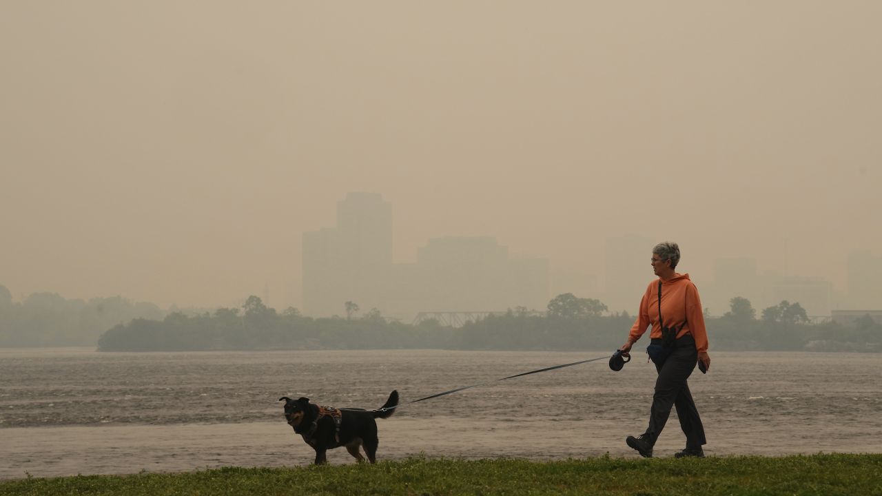 A woman walks her dog along the Ottawa River in Ottawa as smoke obscures Gatineau, Quebec, on Tuesday.