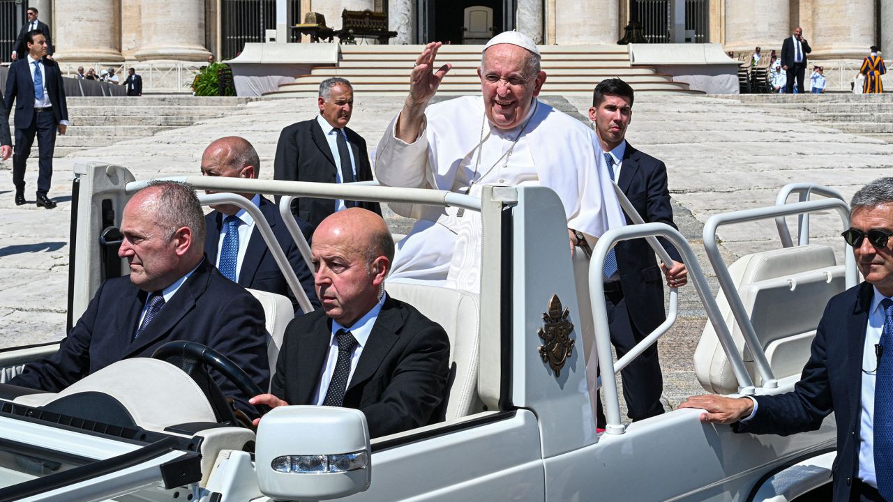 Pope Francis waves as he leaves in the popemobile at the end of the weekly general audience on June 7, 2023 at St. Peter's square as in The Vatican. Pope Francis will undergo an operation for an abdominal hernia on June 7 at a Rome hospital, where he is expected to stay for "several days", the Vatican said. (Photo by Andreas SOLARO / AFP) (Photo by ANDREAS SOLARO/AFP via Getty Images)