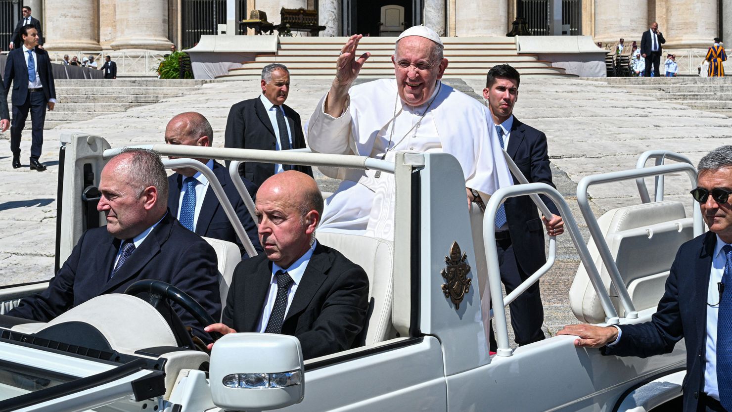 Pope Francis waves as he leaves his weekly general audience on June 7, 2023 at St. Peter's Square.