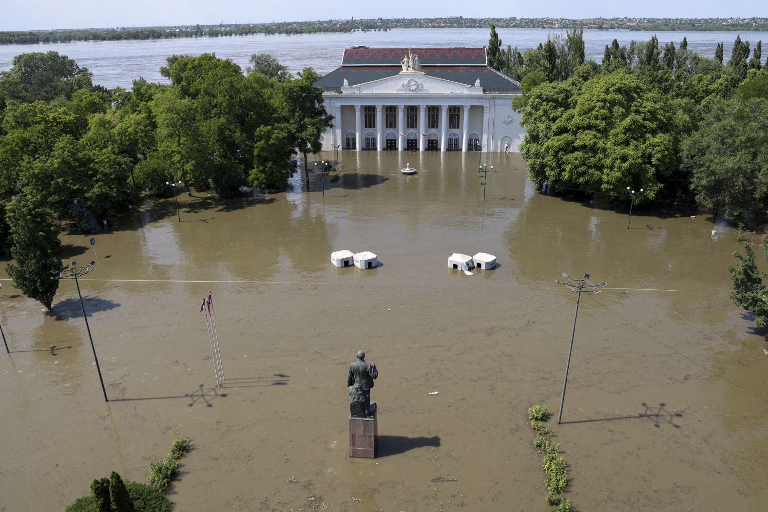 A view shows the House of Culture on a flooded street in Nova Kakhovka.