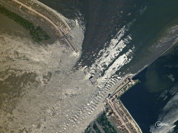 A satellite image shows the collapsed dam on Tuesday, June 6.