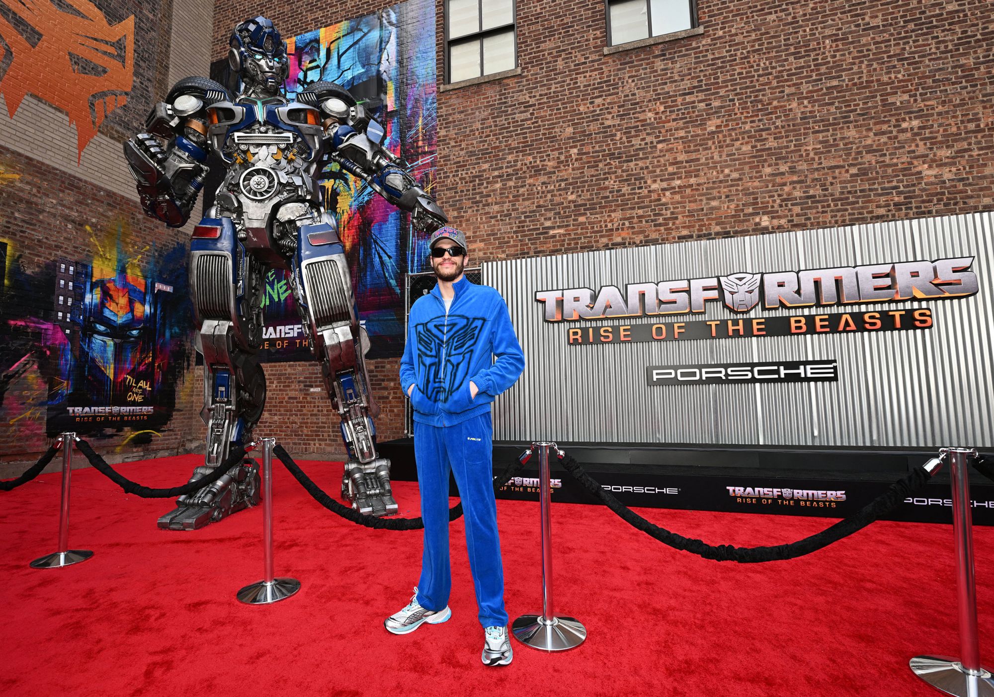 Pete Davidson wore a spray-painted sweatsuit the New York premiere of  "Transformers: Rise of the Beasts" in New York.