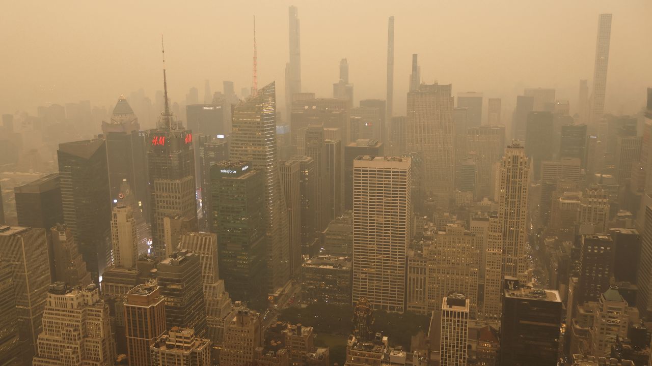 Heavy smoke shrouds buildings around Times Square in New York City on Tuesday.