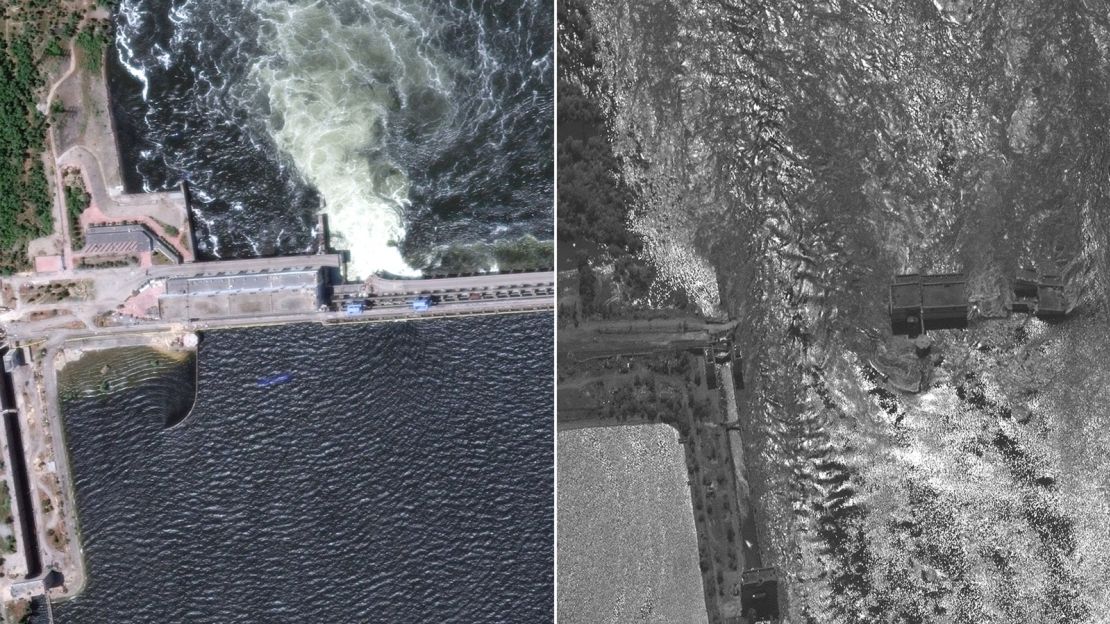 Satellite images show a close-up view of the Nova Kakhovka dam and hydroelectric power facility before and after the dam collapse on June 6, 2023.