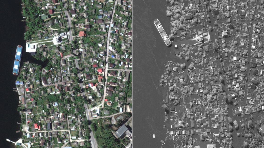 Satellite images show homes along the Dnipro River before and after the Nova Kakhovka dam collapsed.
