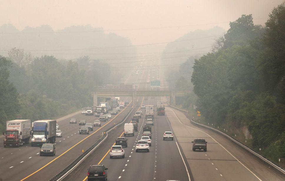 Smoke obscures the view from the New York State Thruway, looking north from West Nyack on June 7.
