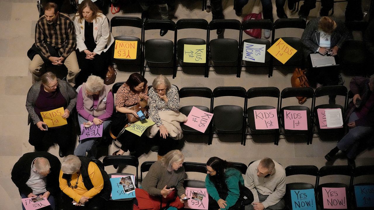 People wait for the start of a rally in favor of legislation banning gender-affirming healthcare for minors, Monday, March 20, 2023, at the Missouri Statehouse in Jefferson City, Mo. (AP Photo/Charlie Riedel)