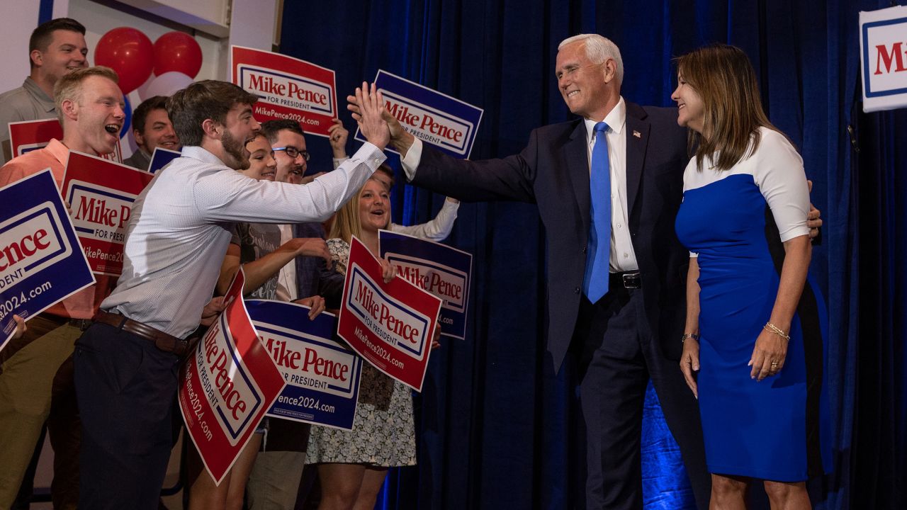 Former Vice President Mike Pence greets supporters on June 7, 2023, in Ankeny, Iowa, where he formally announced his candidacy for president.