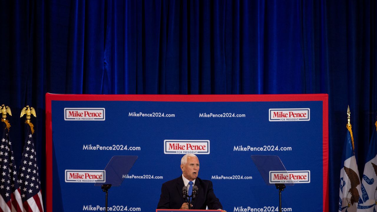 Pence speaks in Ankeny, Iowa, on June 7, 2023.