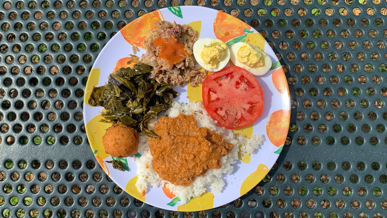 Hash on white rice is a South Carolina delicacy and anchors many a meal. Here's a typical plate in hash country (clockwise from top): Side of pulled pork barbecue, deviled eggs, fresh sliced tomato, barbecue hash on rice, hush puppy and collards.