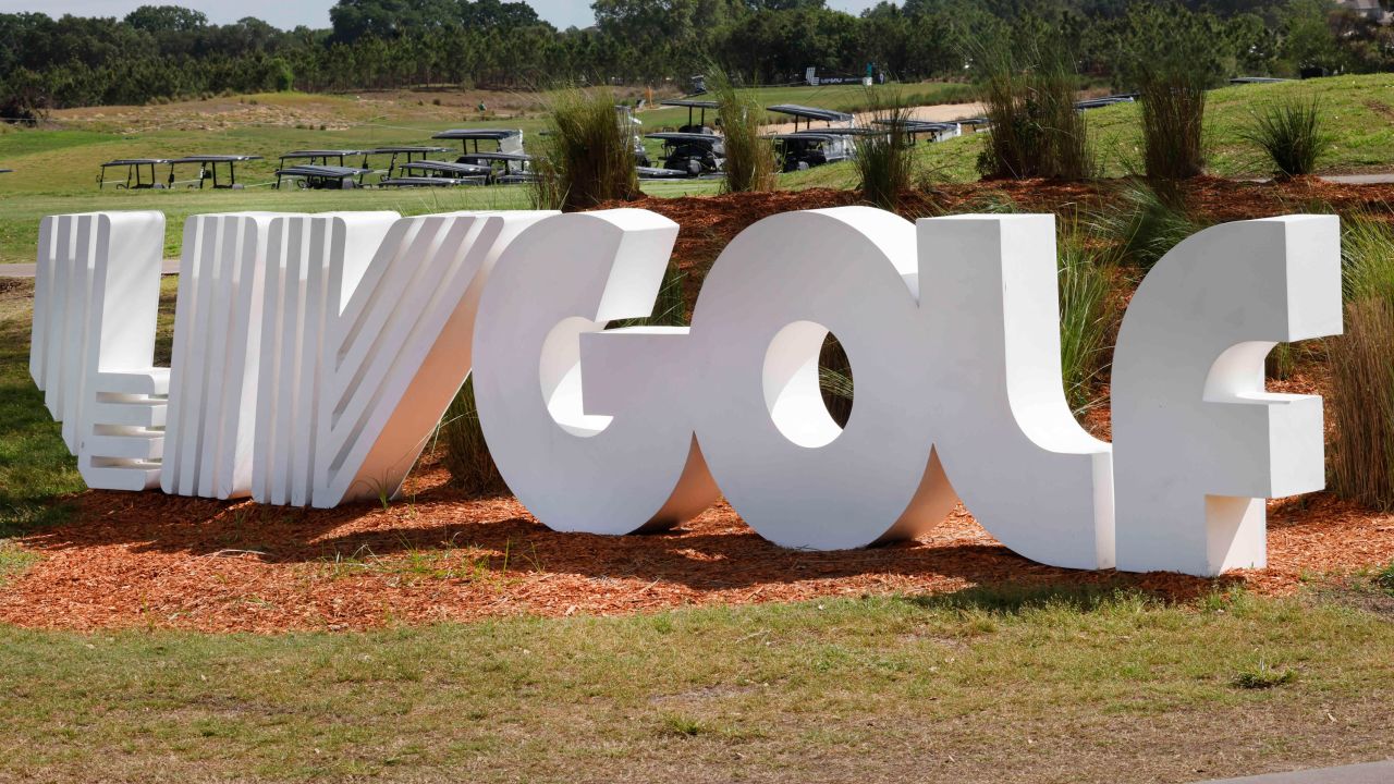 Mar 31, 2023; Orlando, Florida, USA; The LIV logo on display at the entrance before the first round of a LIV Golf event at Orange County National. Mandatory Credit: Reinhold Matay-USA TODAY Sports