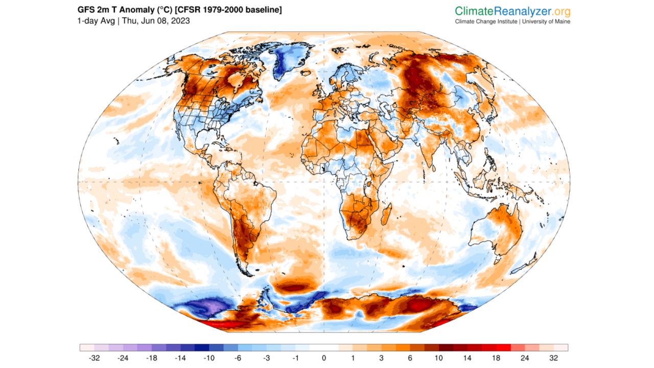 A temperature anomaly map showing warmer than usual temperatures over parts of Asia. 