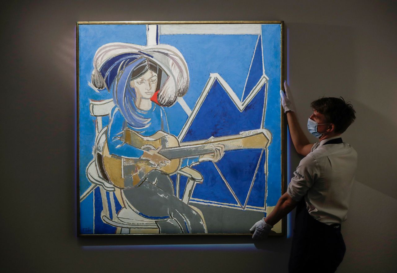 LONDON, ENGLAND - MAY 21: 'Paloma à la Guitare' by Francoise Gilot (Est. (£120,000 - 180,000) forms part of Sotheby's (Women) Artists Sale, seen during the preview on May 21, 2021 in London, England. The sale goes on public display from Saturday 22nd May before the auction closes for bidding on May 27th. (Photo by John Phillips/Getty Images for Sotheby's)