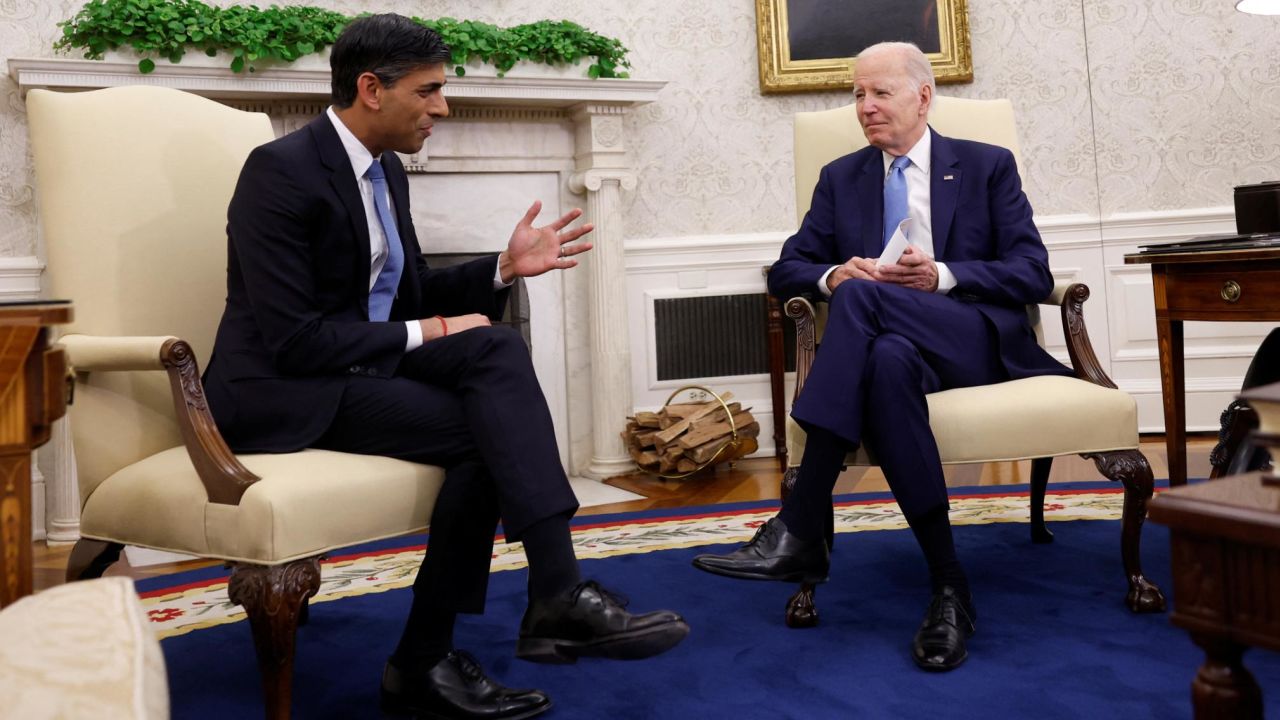 UK Prime Minister Rishi Sunak meets with President Joe Biden in the Oval Office at the White House in Washington, DC on June 8, 2023.