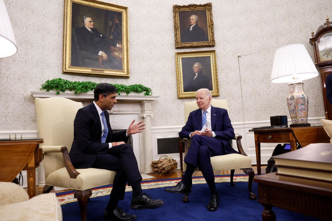 UK Prime Minister Rishi Sunak meets with President Joe Biden in the Oval Office at the White House in Washington, DC on June 8, 2023. 