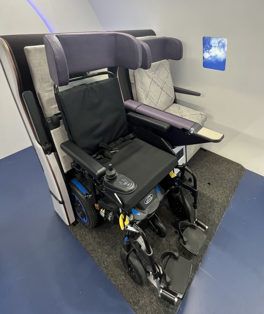 Here's the seat prototype in its wheelchair mode on display at the Airline Interiors Expo in Hamburg, Germany.