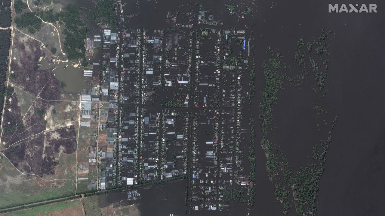 The Ukrainian city of Korsunka seen in a satellite image on June 7 after flooding caused by the collapsed dam.