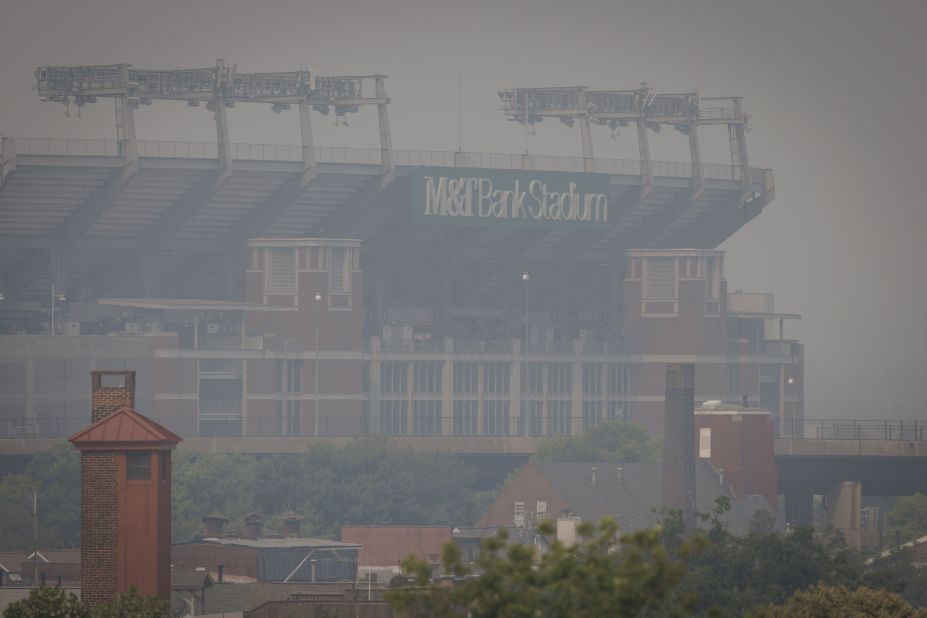 A smoky haze obscures M&T Bank Stadium in Baltimore on June 8.