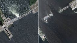 Satellite images of the Nova Kakhovka dam before its collapse (left, on June 5) and after the disaster (right, on June 7).