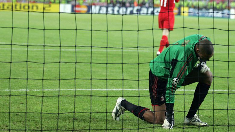 Istanbul, Turkey:  AC Milan's Brazilian goalkeeper Nelson Dida reacts at the end of the UEFA Champions league football final AC Milan vs Liverpool, 25 May 2005 at the Ataturk Stadium in Istanbul.  Liverpool won 3-2 on penalties.    AFP PHOTO CARL DE SOUZA  (Photo credit should read CARL DE SOUZA/AFP via Getty Images)