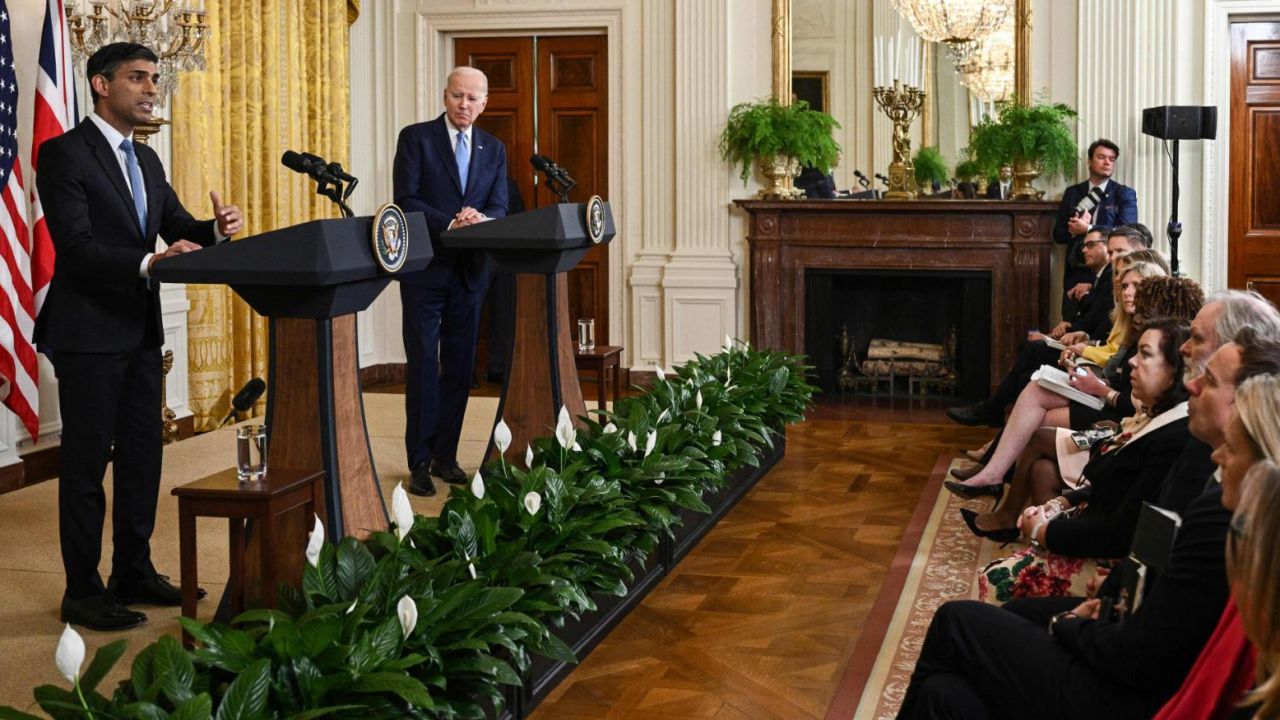 US President Joe Biden and British Prime Minister Rishi Sunak hold a joint-press conference in the East Room of the White House in Washington, DC, on June 8, 2023. 